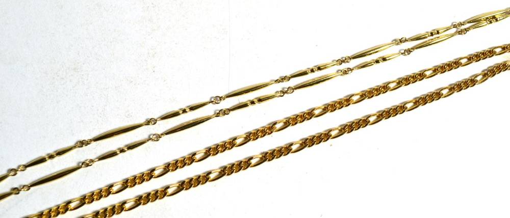 Lot 16 - A fancy link chain formed of torpedo links, stamped '9K', length 42.5cm; together with a figaro...