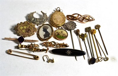 Lot 22 - Ten stick pins, nine brooches including two silver examples; two pendants etc