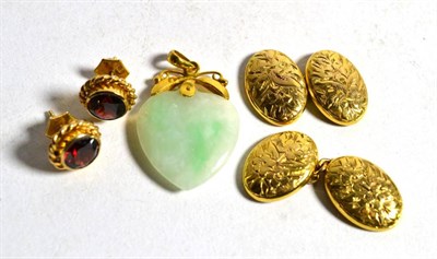 Lot 25 - A pair of 9 carat gold cufflinks; a pair of 9 carat gold garnet stud earrings and a jade heart...