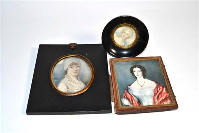 Lot 35 - A portrait miniature of Jane Forshaw, circa 1800; together with two further portrait miniatures