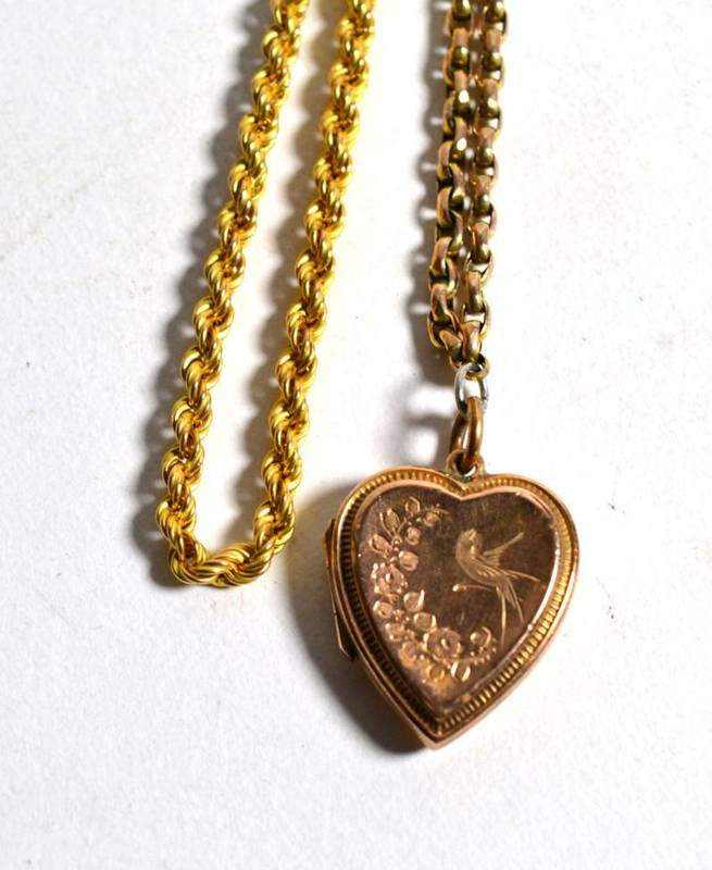 Lot 38 - A heart shaped locket on chain, pendant length 2cm, chain length 42cm; and a 9 carat gold rope...