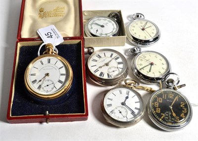 Lot 45 - A gold filled pocket watch retailed by Fattorini & Sons; a military Waltham pocket watch; three...