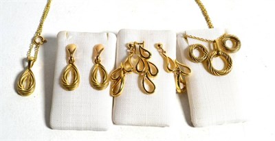 Lot 47 - Two 9 carat gold pendants on chains with matching earrings and one 9 carat gold pendant with...