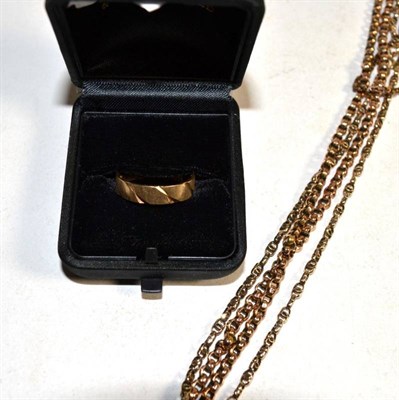 Lot 52 - A 9 carat gold ring, finger size R; and three chains, of varying lengths (one stamped '375')