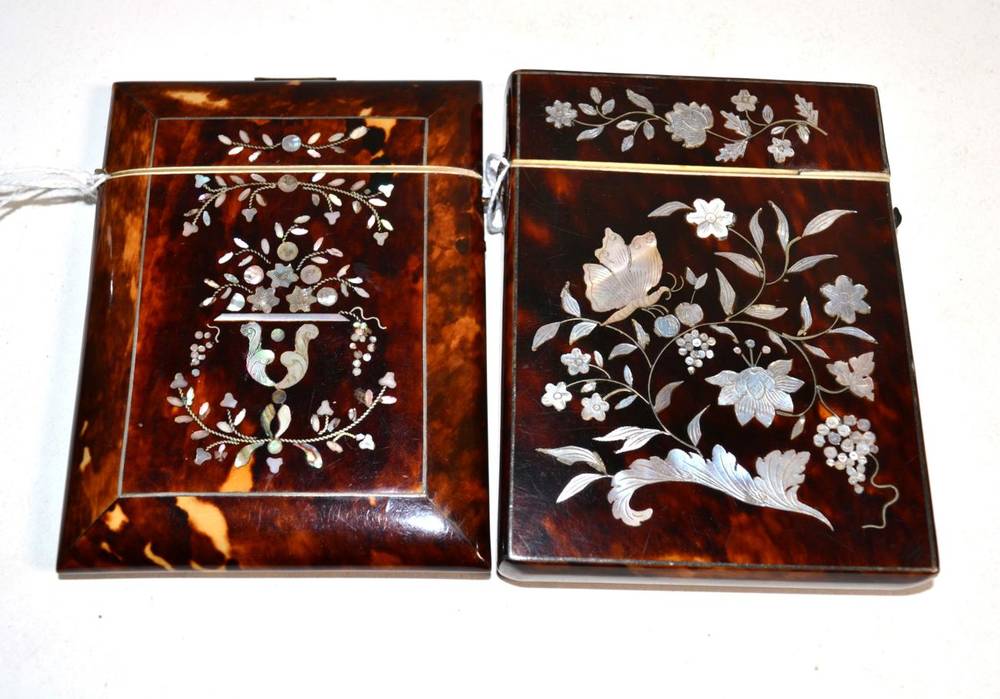 Lot 57 - Two Victorian tortoiseshell and mother of pearl inlaid card cases, both of foliate design,...