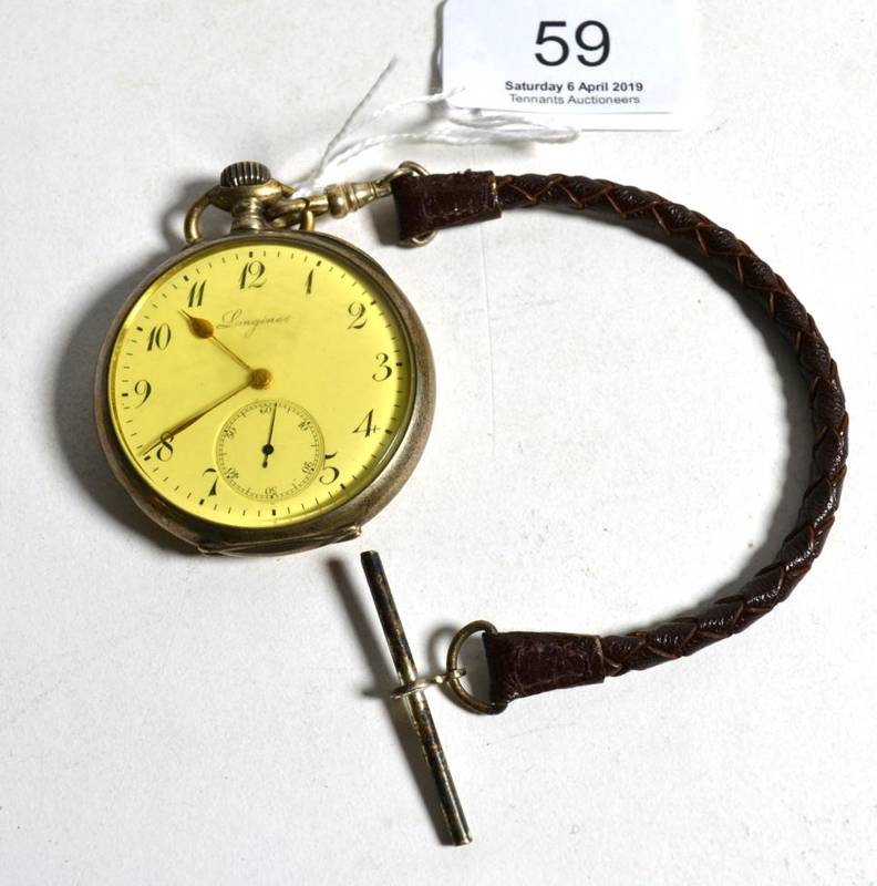 Lot 59 - A silver open faced pocket watch, signed Longines, case stamped 0.800