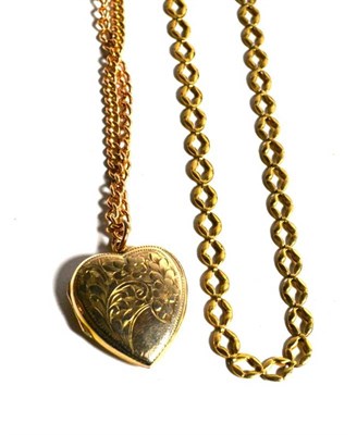 Lot 61 - A 9 carat gold open link chain, length 42cm; and a heart shaped locket on chain, locket...