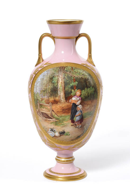 Lot 102 - A Davenport Porcelain Ovoid Vase, circa 1880, with trumpet neck and loop handle, painted in colours