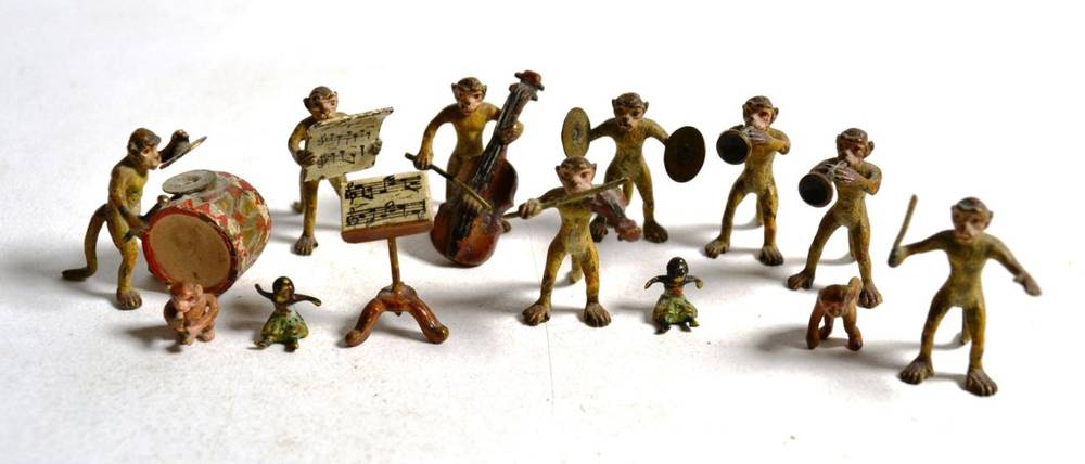 Lot 69 - An Austrian cold painted bronze miniature monkey band, with others, 20th century (13)