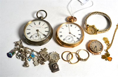 Lot 71 - Various gold band rings; a gold plated pocket watch; a silver example; a 9 carat gold...