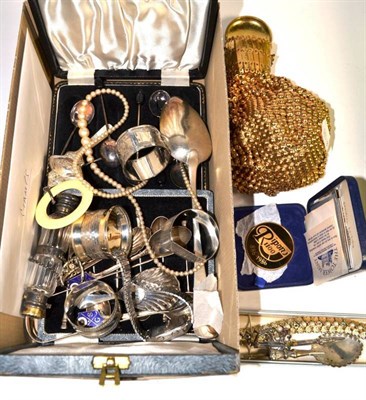 Lot 74 - Assorted silver teaspoons, scent bottle, serving spoon, napkin rings, costume jewellery, baby...