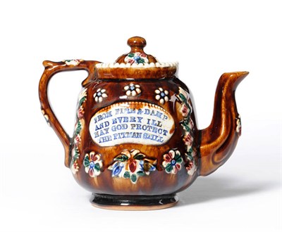 Lot 103 - A Measham Bargeware Teapot and Cover, 1885, inscribed MRS P ROYSTON BARNSLEY 1885 and FROM FIRE AND