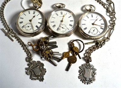 Lot 75 - Three silver open faced lever pocket watches, two silver watch chains with attached silver...