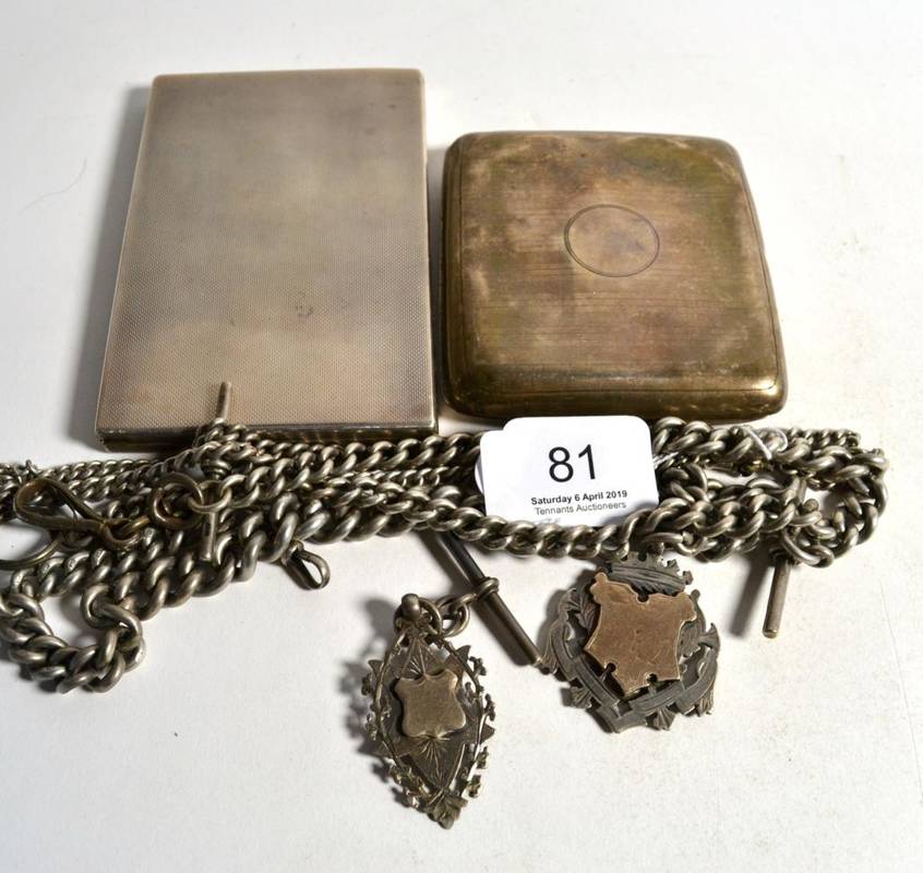 Lot 81 - Four silver watch chains, various dates and makers, with two fobs; together with two silver...