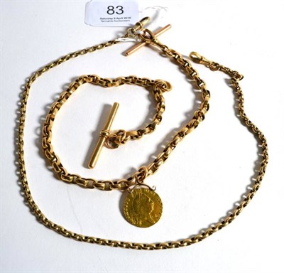 Lot 83 - Two fancy linked watch chains with clasps stamped '10', one chain with attached George III coin...
