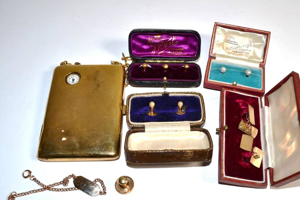 Lot 98 - A bracelet with name tag, stamped '9CT'; a pair of 9 carat gold cufflinks; a 9 carat gold stud;...