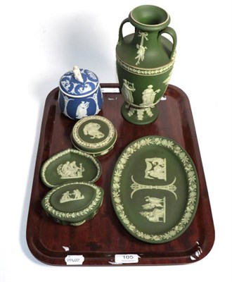 Lot 105 - A late 19th century Wedgwood moss green jasper twin-handled vase; a similar oval tray; two pots and