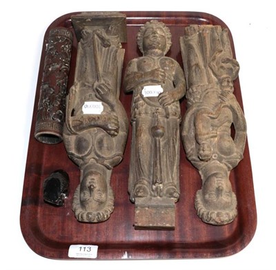 Lot 113 - Three oak figural furniture elements, probably 17th century, a Chinese carved bamboo...