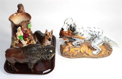 Lot 115 - Royal Doulton china figure of a retriever; a Beswick Bison; a Doulton Alsation and a Burleigh jug