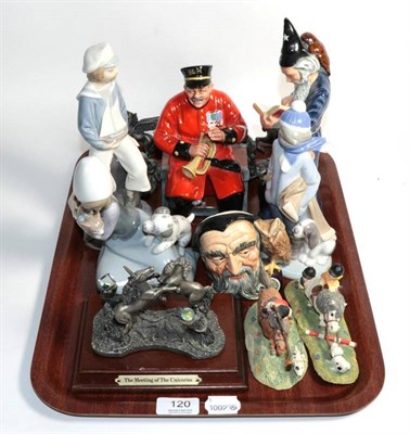 Lot 120 - Royal Doulton figure of a wizard, HN2877; Past Glory HN2484; Merlin character jug; three Lladro...