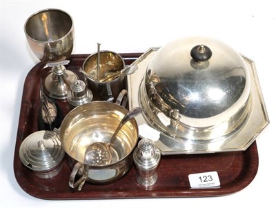 Lot 123 - A Chinese export silver christening mug, dated 1936; various teaspoons; a porringer; a small trophy