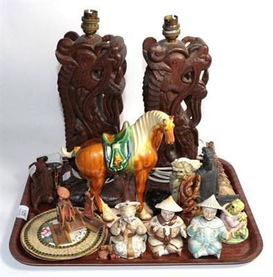 Lot 125 - A group of Oriental items to include a pair of carved wood dragon table lamps; together with...