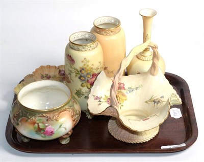 Lot 127 - A group of Royal Worcester blush ground porcelain wares comprising: a pin dish, bottle vase,...