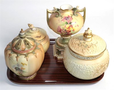 Lot 129 - A group of Royal Worcester blush ground porcelain wares comprising three pot pourri vases and...