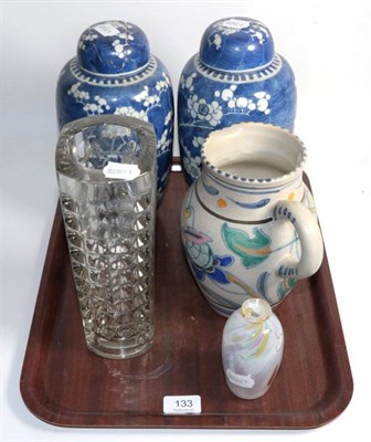 Lot 133 - A pair of Chinese 'cracked ice' vases; an Art glass vase; another; and a Poole Pottery type jug (5)