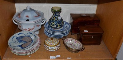 Lot 172 - Two tea caddies, Wedgwood tureen and cover, framed Chinese floral tapestry, five decorative plates