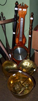 Lot 177 - Mahogany inlaid wheel barometer, brass jam pan, two bed warming pans etc
