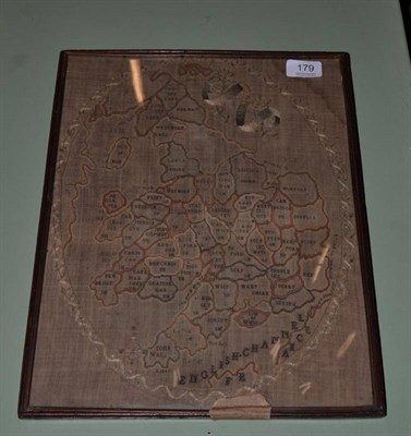 Lot 179 - Early 19th century map sampler of England and Wales, worked in an embroidered oval cartouche...