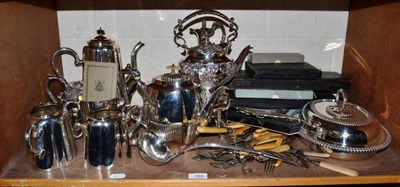 Lot 193 - A quantity of assorted plated wares including flatwares, spirit kettle and stand, tureen and cover