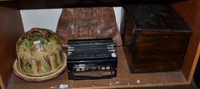 Lot 195 - Osmond & Son hinged box; 1930s/40s crocodile handbag; Majolica type cheese dome and The Famous...