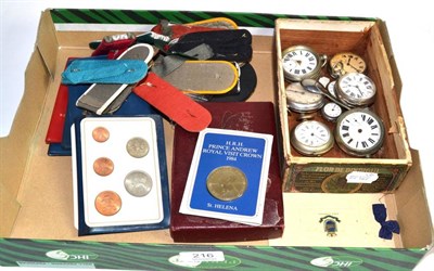 Lot 216 - A group of assorted pocket watches, military shoulder badges, coins etc