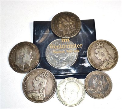 Lot 221 - An Edward VII silver crown, two Victoria jubilee head silver crowns, an 1883-S morgan silver...