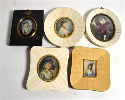 Lot 239 - Five portrait miniatures, first half of 20th century, four depicting ladies the other depicting...