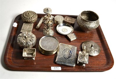Lot 247 - An assorted mix of mostly South East Asian white metal and silver plated boxes and other items,...