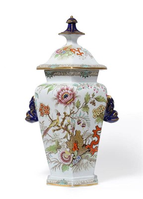 Lot 121 - A Staffordshire Indian Ironstone Hexagonal Baluster Vase and Cover, circa 1830, with blue...