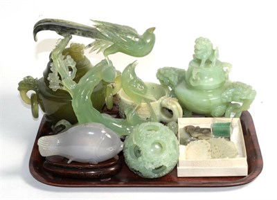 Lot 271 - A group of modern Chinese green hardstone ornaments, censors, plaques, puzzle ball etc