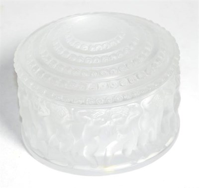 Lot 304 - A glass circular box and cover, stamped Lalique France, with an opaque and rose decorated lid,...