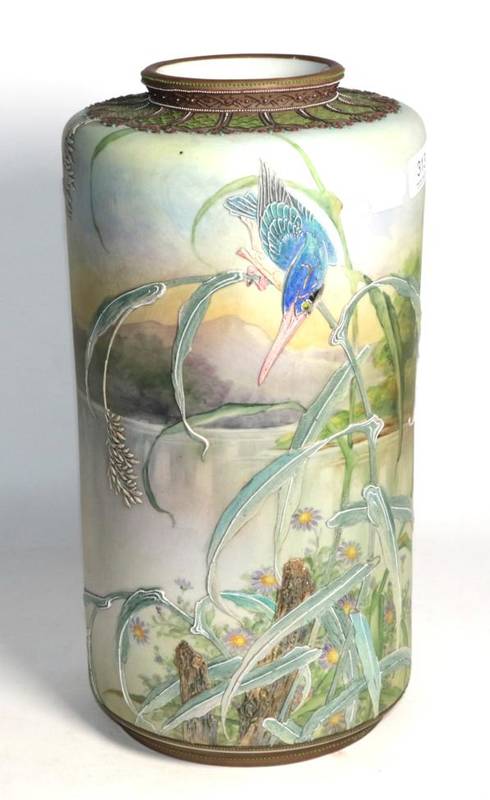 Lot 313 - A Noritaki vase with painted and applied decoration depicting a kingfisher amongst rushes...