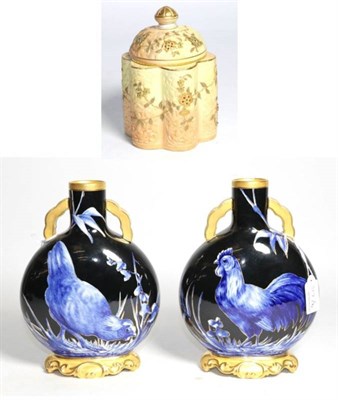 Lot 317 - A pair of Royal Worcester blue ground vases, late 19th century, decorated with a cockerel, hen...