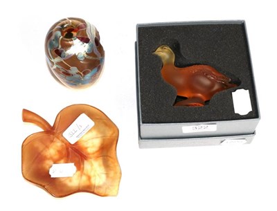 Lot 322 - A Daum glass leaf form vase, a Lalique model of a duck and a Norman Stuart Blake mottled glass vase