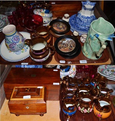 Lot 323 - Assorted decorative ceramics including cranberry glass, lustre ware, Poole pottery, four framed pot