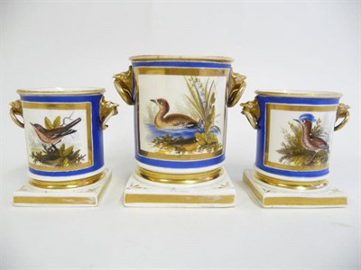 Lot 129 - A Garniture of Three Rockingham Porcelain Vases, circa 1830-40, of cylindrical form with loop...