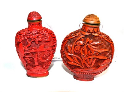 Lot 349 - A Chinese cinnabar lacquer snuff bottle and stopper, of flattened baluster form carved with figures