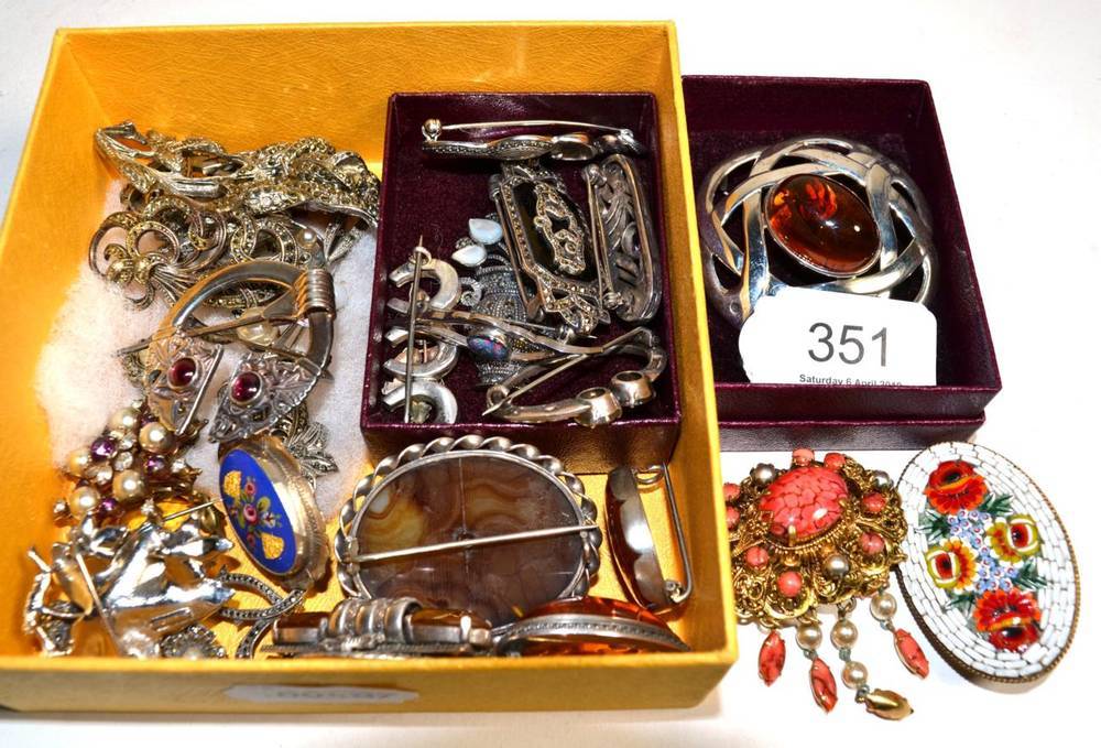 Lot 351 - A group of silver and other brooches including amber, agate and mosaic set examples; together...