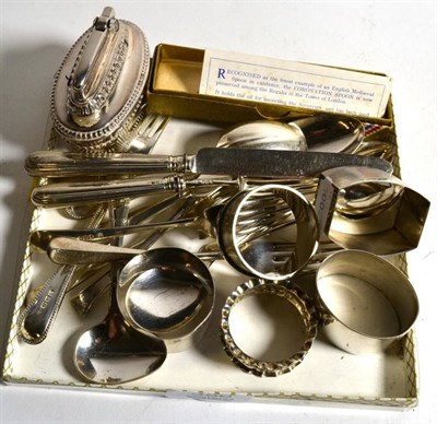 Lot 356 - A selection of mixed silver flatware; five silver napkin rings; a silver gilt coronation...