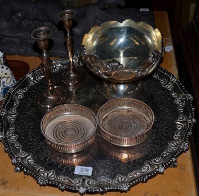 Lot 379 - Large silver plated tray stamped 'Mappin & Co'; pair of plated candlesticks; pair of bottle...